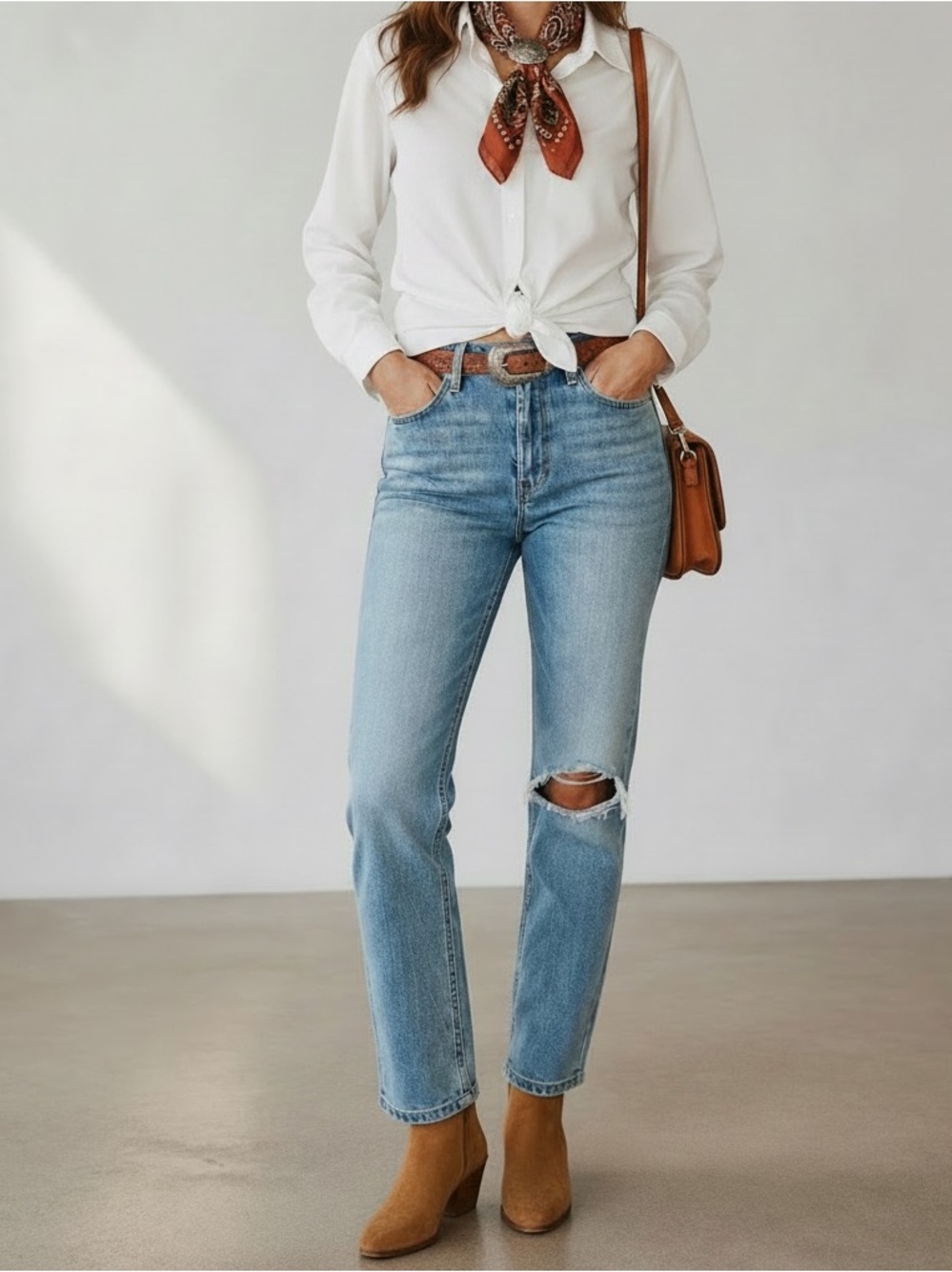 GRLFRND High-Rise Light Blue Straight Leg Jeans with Knee Rip